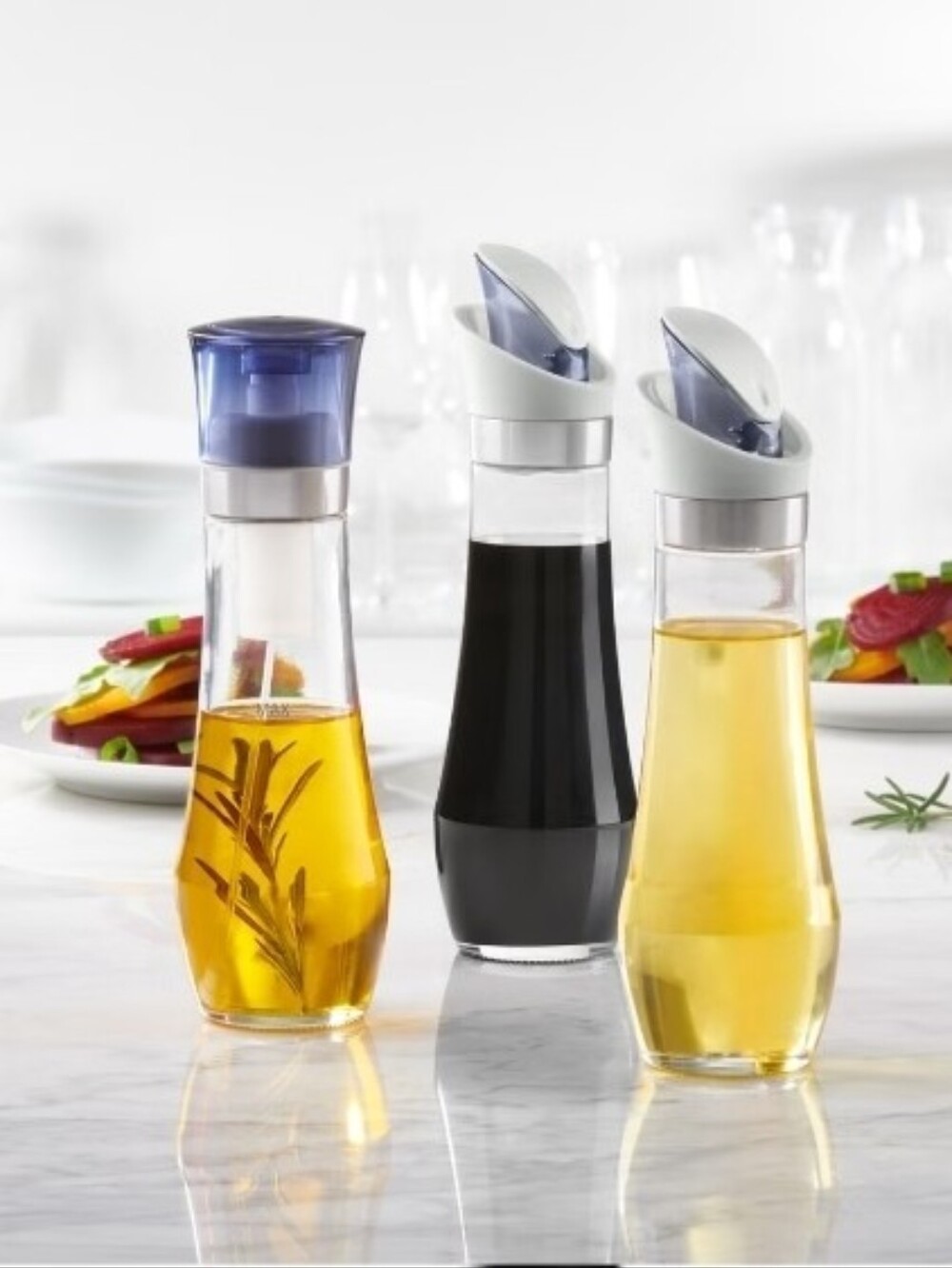 Glass Oil & Vinegar Dispenser with Blue Pour Spout - Home Dining